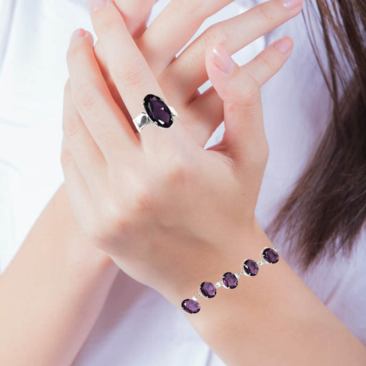 Amethyst Quartz Gemstone Women's Unisex Silver Jewelry Bracelets & Rings 7-8''