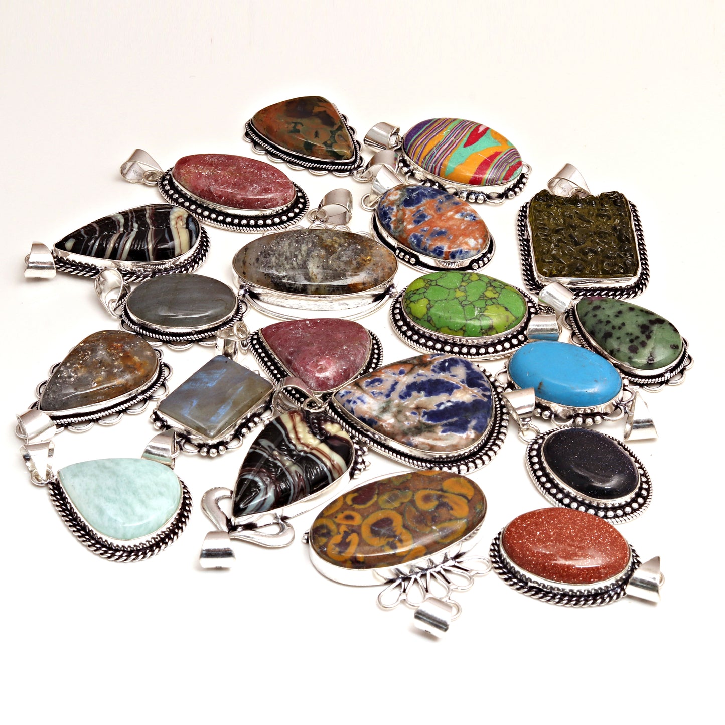 20 Pcs Lot 925 Sterling Silver Mix Gemstone Lot Pendant , Mix Designs For Men's & Women's Silver Jewelry Necklace