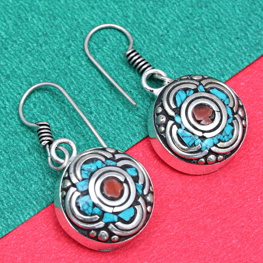 Added Nepali Jewelry Earrings For Women's Unisex, Handmade Earrings,Gift For Her , Red Coral , Tibetan Turquoise Jewelry Earrings