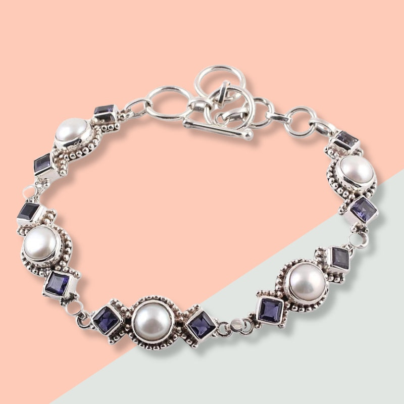 Watermelon fresh water pearl & Tanzanite Bracelet, Gemstone Bracelet For Wedding & Anniversary