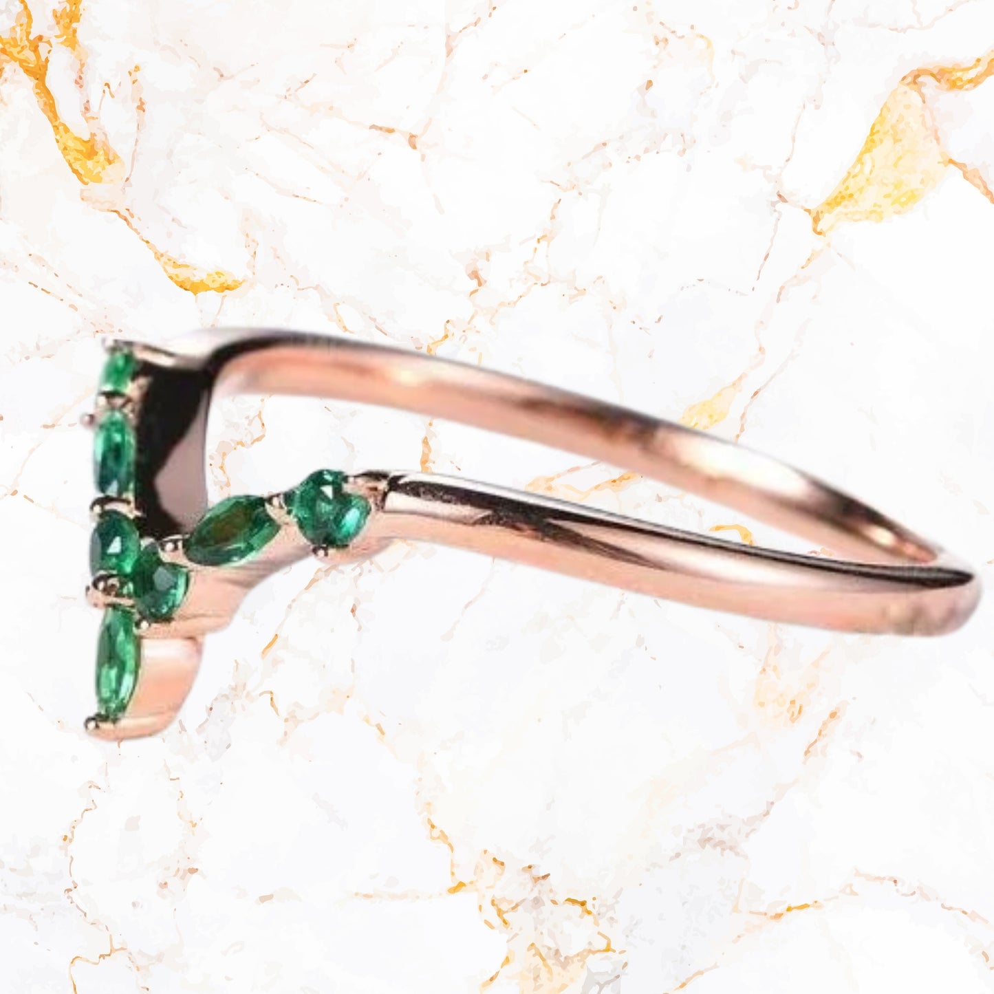 10K Gold, Curved Gold Ring, Chevron Emerald Ring, Emerald  Gemstone Ring, Green Stone V Shape Ring