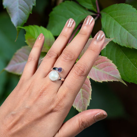 Genuine Pearl & Amethyst Ring in 925 Sterling silver Adjustable Ring