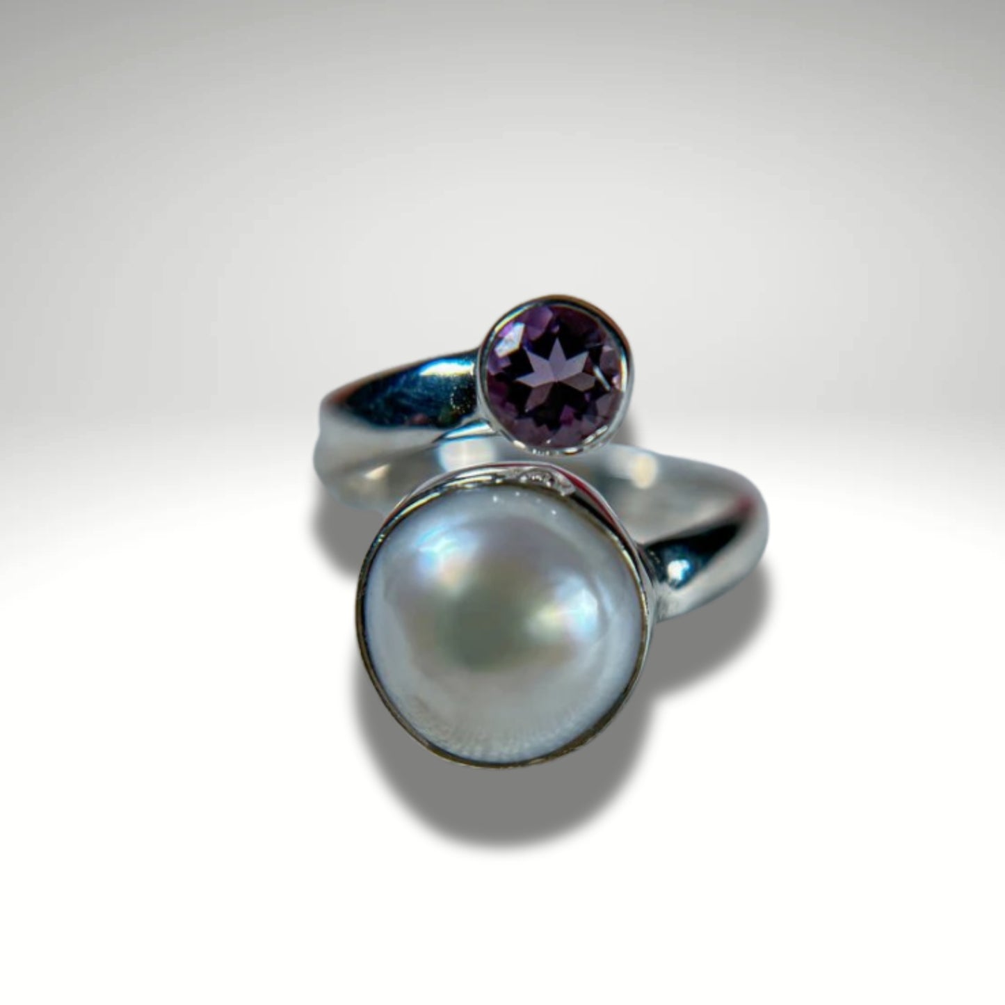 Genuine Pearl & Amethyst Ring in 925 Sterling silver Adjustable Ring