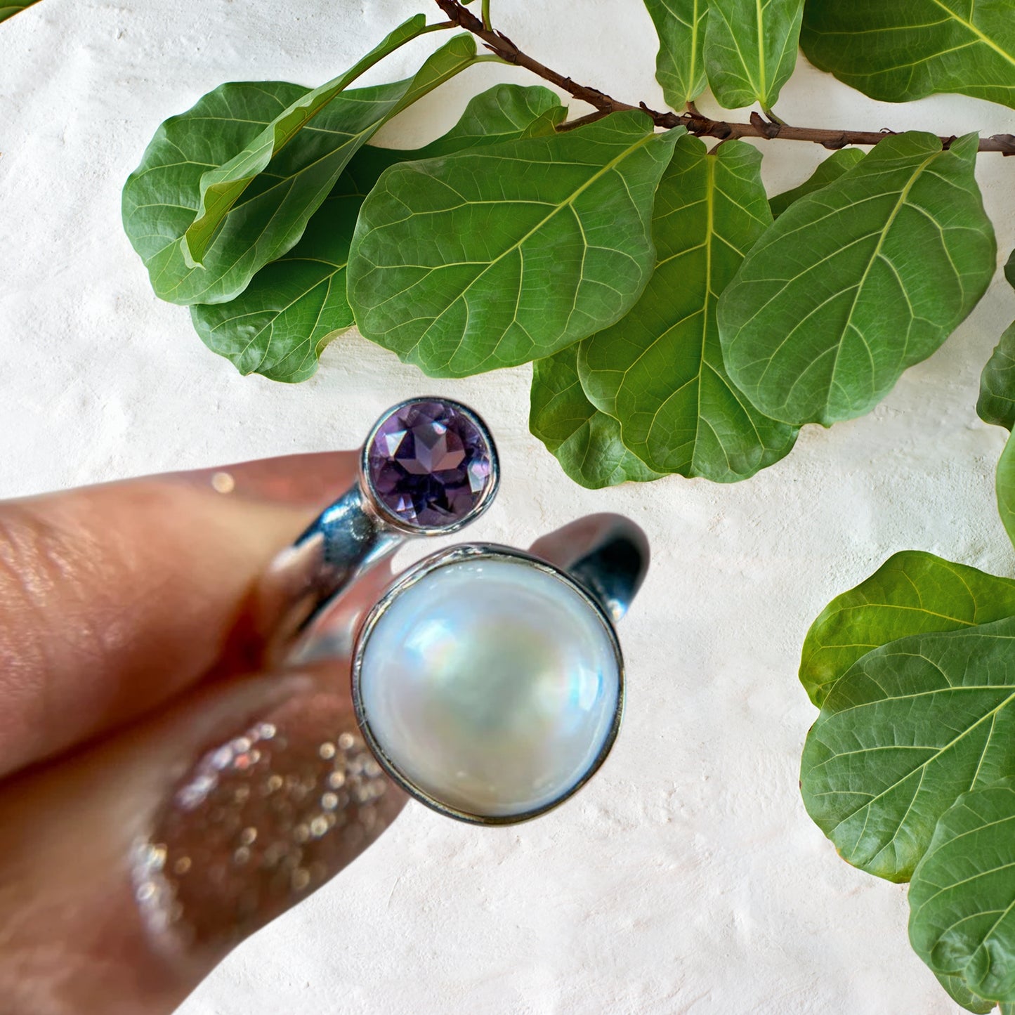 Genuine Pearl & Amethyst Ring in 925 Sterling silver Adjustable Ring