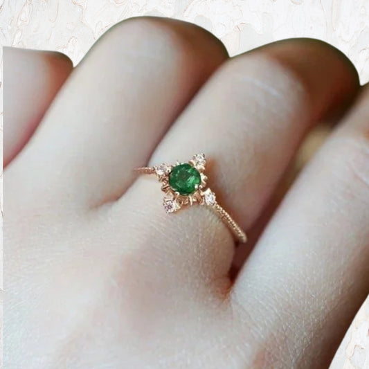 14k Gold, Rose Gold Ring, Unique Moldavite Ring, Vintage Emerald Engagement Ring