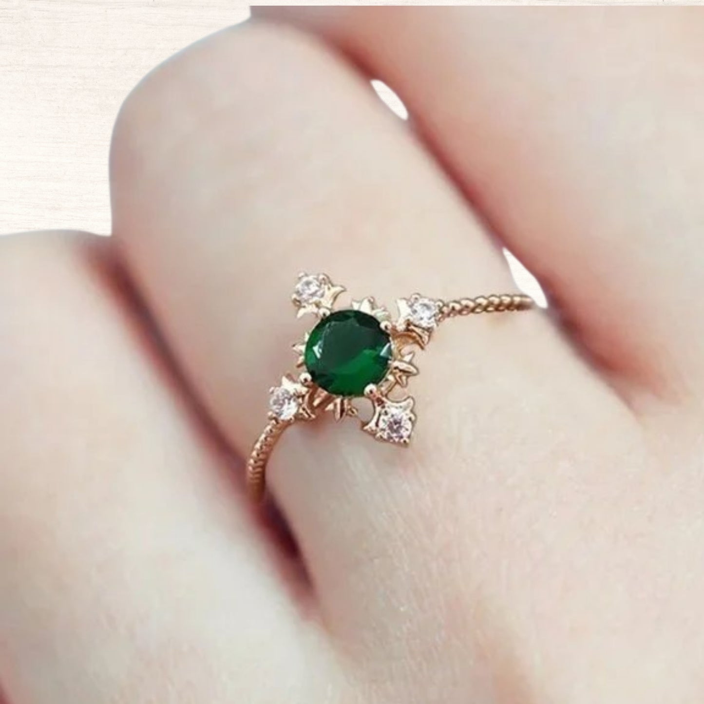 14k Gold, Rose Gold Ring, Unique Moldavite Ring, Vintage Emerald Engagement Ring