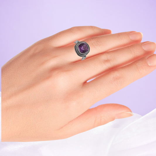 Natural Amethyst Gemstone Ring In 925 Sterling Silver , Purple Crystal Ring, Women's Boho Jewelry