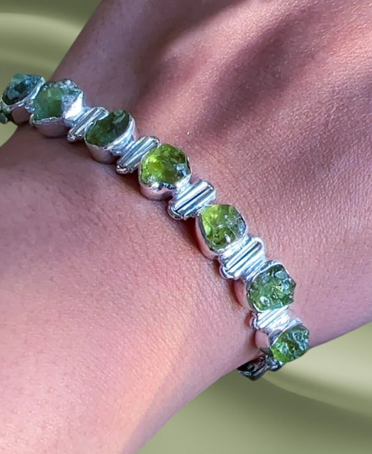 Natural Moldavite Bracelet, 925 Sterling Silver Bracelet, Handmade Bracelet, Stylish Bracelet with Rugged Stones