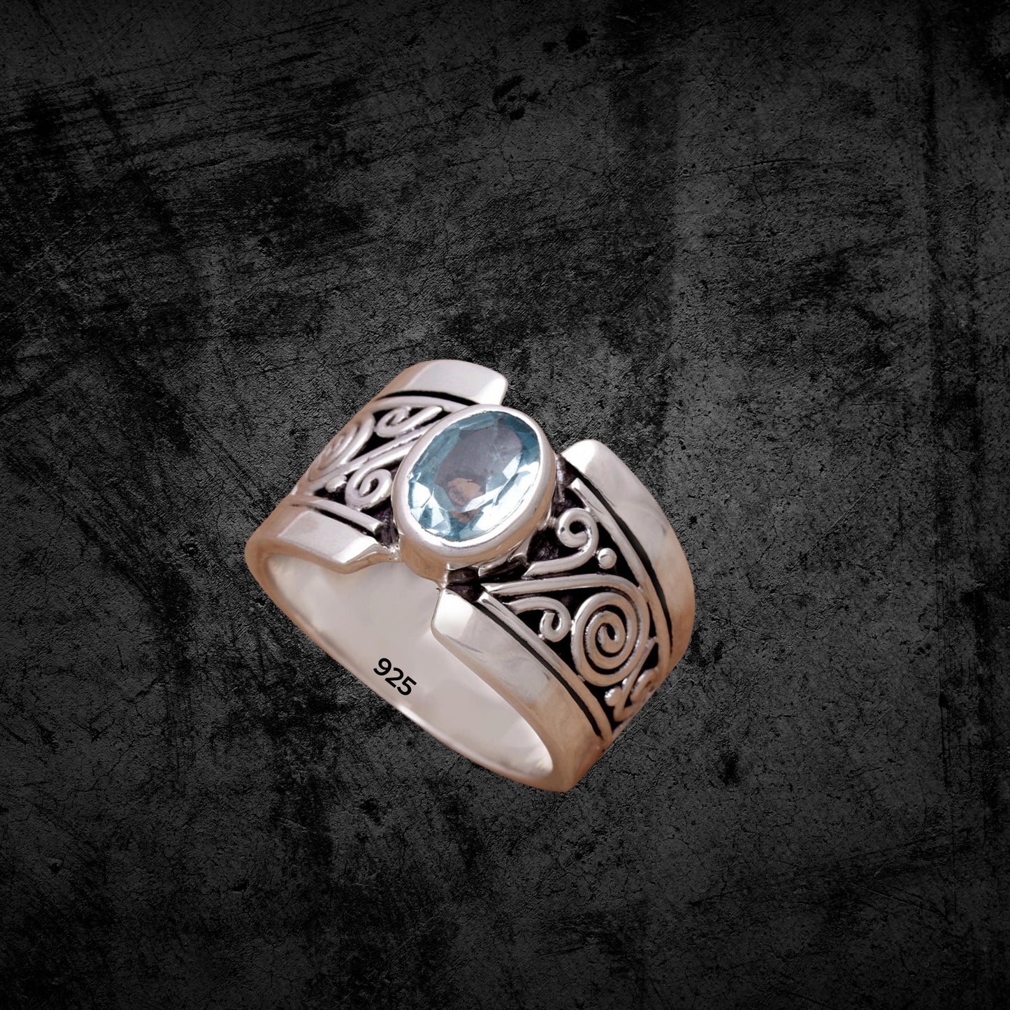 Natural Oval Blue Topaz Ring, 925 Sterling Silver Ring, Women's Boho Jewelry