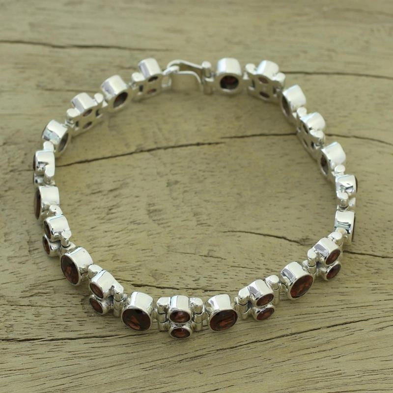 Glam Garnet and Sterling Silver Link Bracelet, Gemstone Bracelet