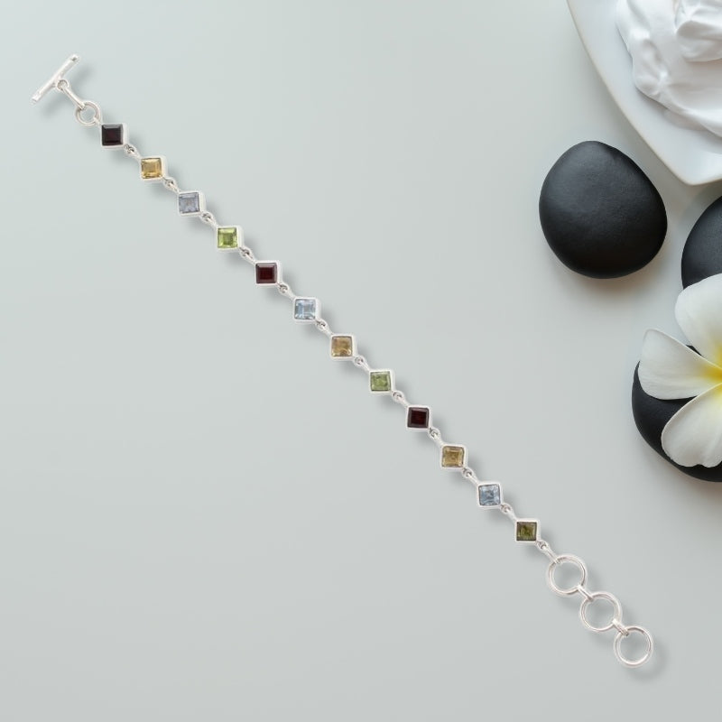 High 925 Multigemstone and Sterling Silver Link Bracelet