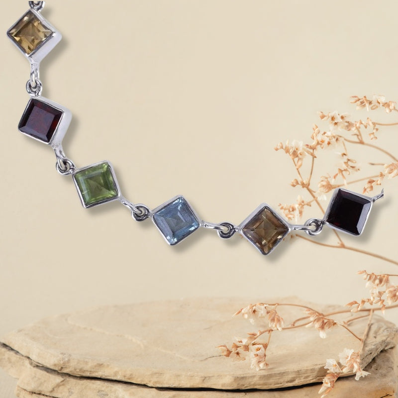 High 925 Multigemstone and Sterling Silver Link Bracelet