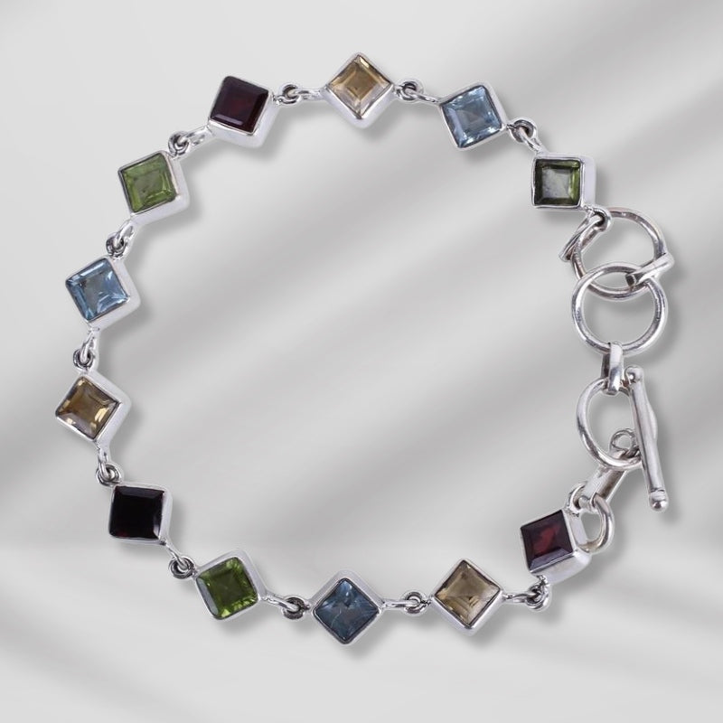 High 925 Multigemstone and Sterling Silver Link Bracelet