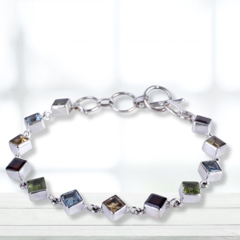 High 925 Multigemstone and Sterling Silver Link Bracelet