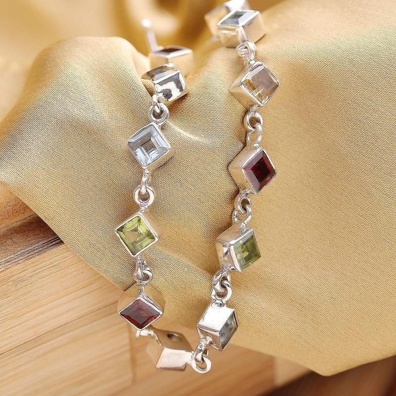 High 925 Multigemstone and Sterling Silver Link Bracelet