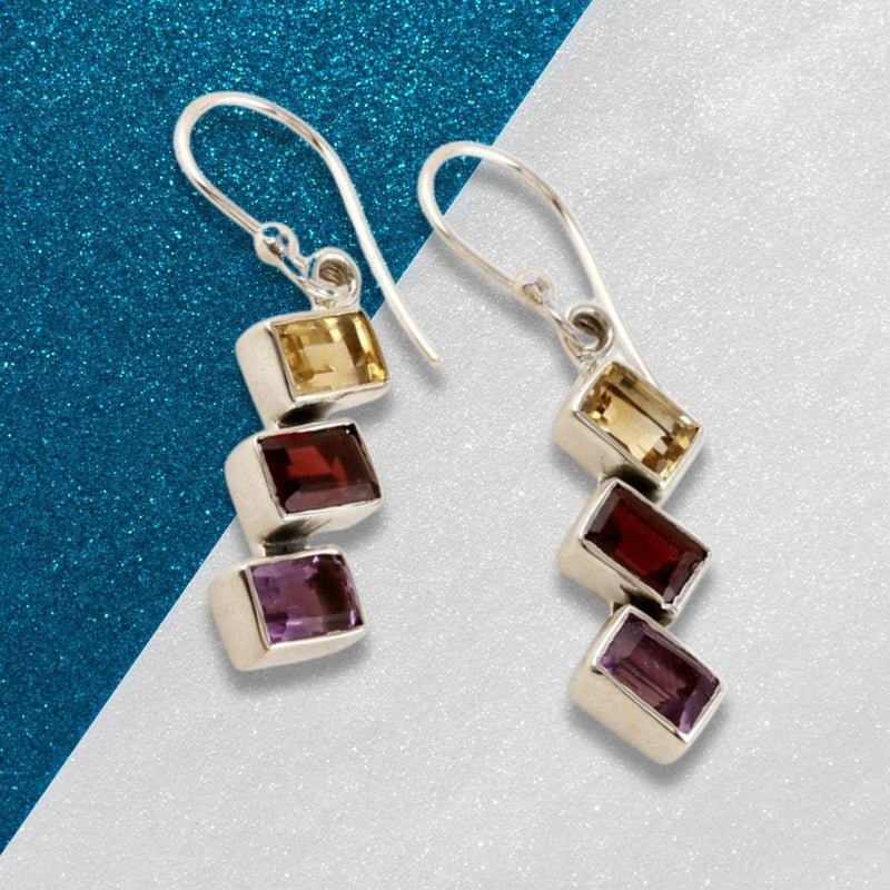 925 Sterling Silver Citrine Garnet Amethyst Multi-Gemstone Dangle Earrings Totaling 3 Carats