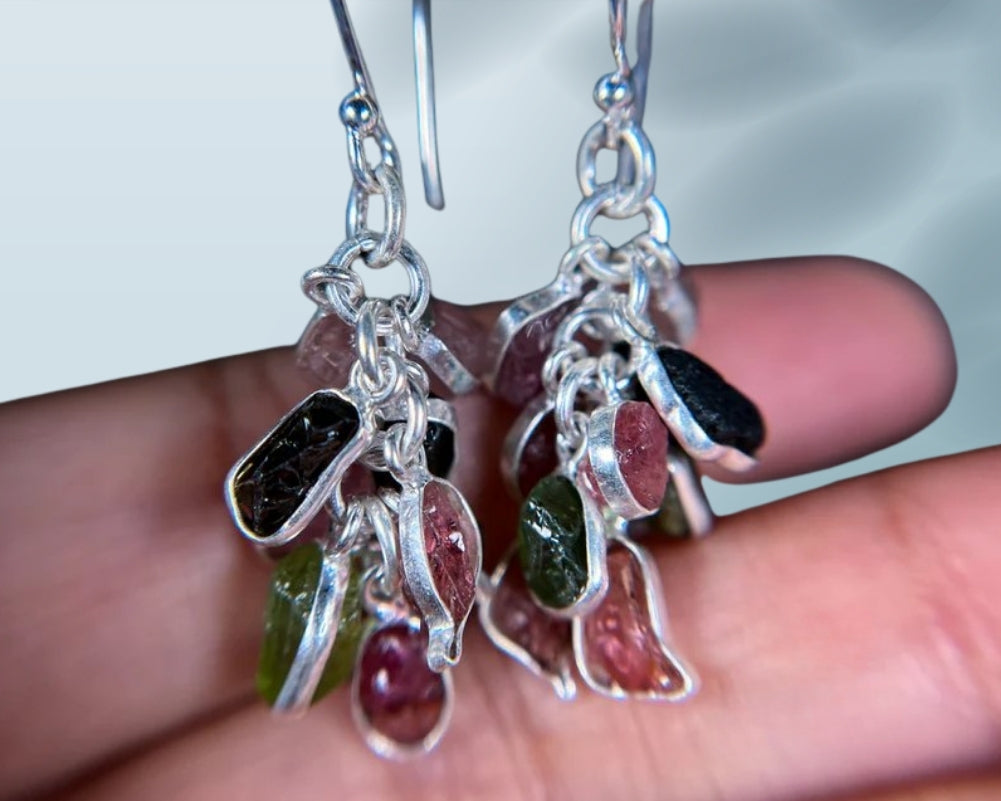 Moldavite & Pink Tourmaline Earring, 925 Sterling silver