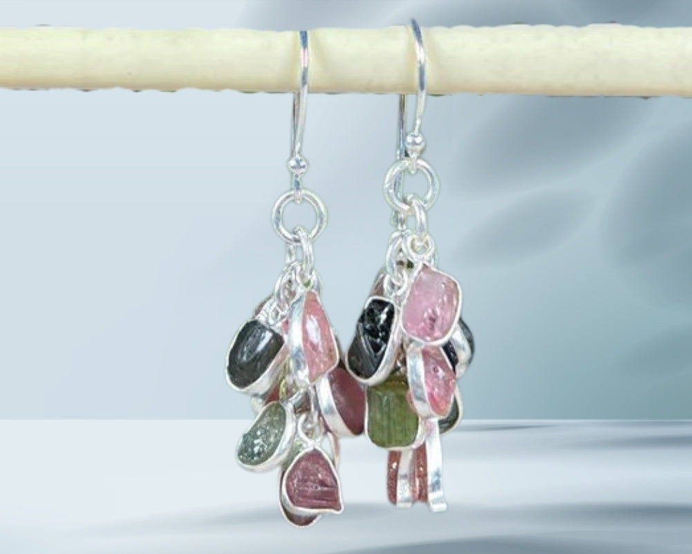 Moldavite & Pink Tourmaline Earring, 925 Sterling silver