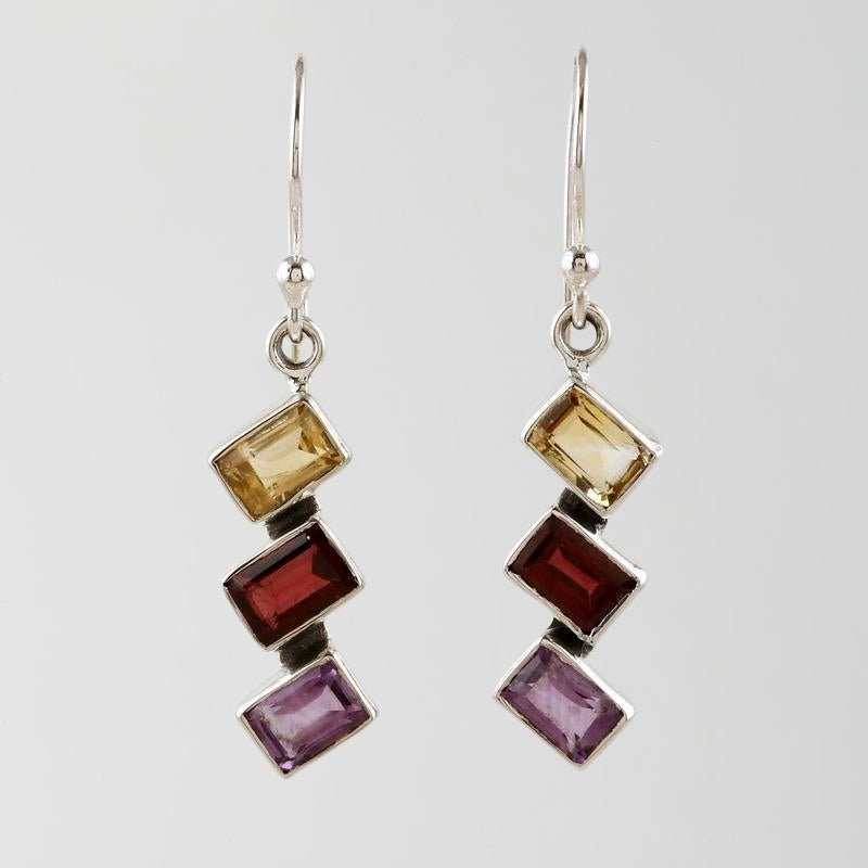 925 Sterling Silver Citrine Garnet Amethyst Multi-Gemstone Dangle Earrings Totaling 3 Carats