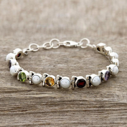 Cultured Pearl and Multi-Gem Tennis Bracelet