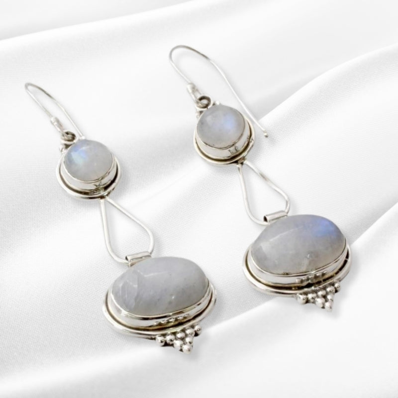 Rainbow Moonstone Earrings, Sterling Silver, Natural Handmade Dangle Earrings For Wedding & Anniversary