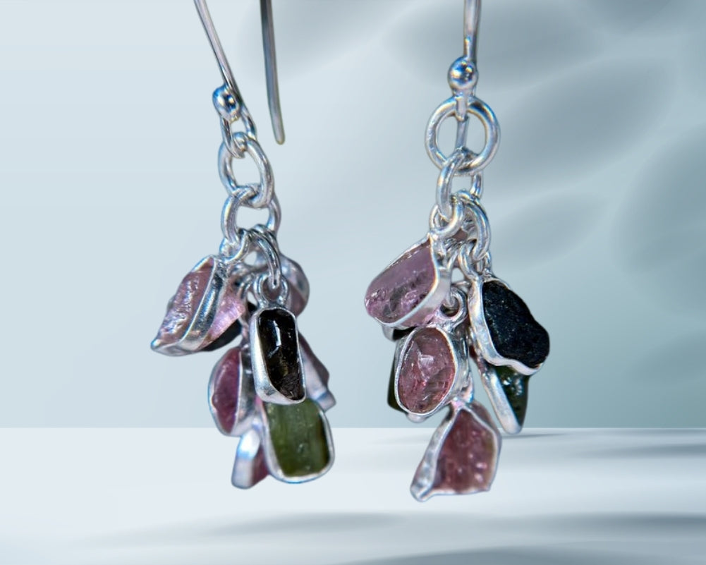 Moldavite & Pink Tourmaline Earring, 925 Sterling silver