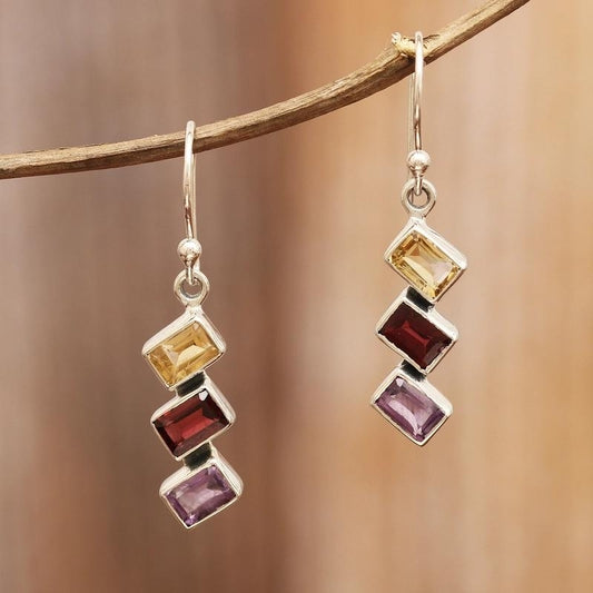 925 Sterling Silver Citrine Garnet Amethyst Multi-Gemstone Dangle Earrings Totaling 3 Carats