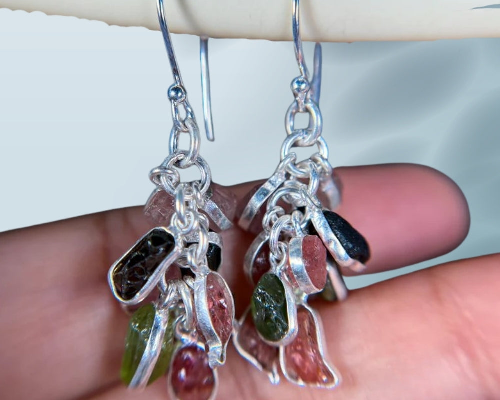 Moldavite & Pink Tourmaline Earring, 925 Sterling silver