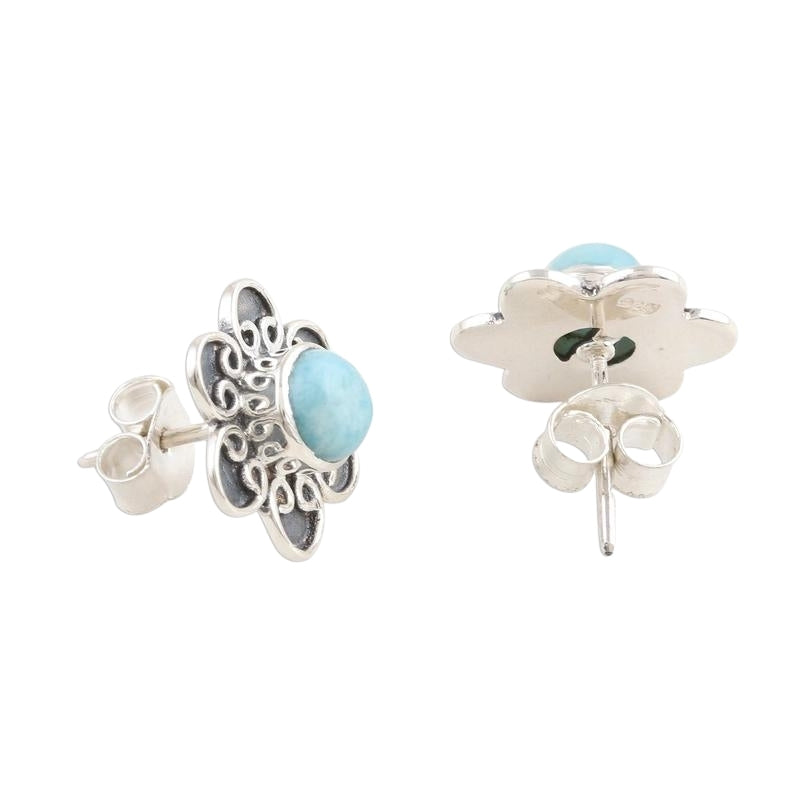 Larimar and Sterling Silver Flower Button Earrings, Natural Handmade Earrings For Wedding & Anniversary