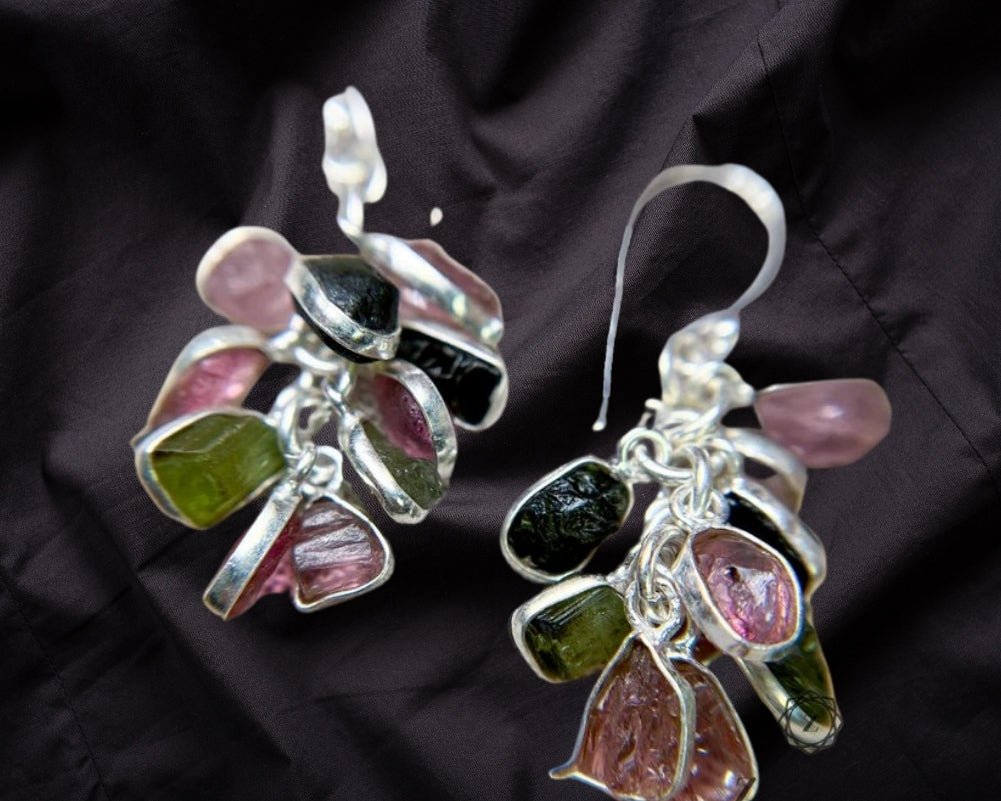 Moldavite & Pink Tourmaline Earring, 925 Sterling silver