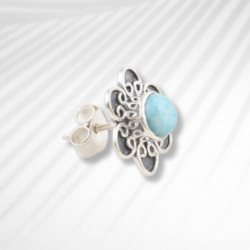 Larimar and Sterling Silver Flower Button Earrings, Natural Handmade Earrings For Wedding & Anniversary