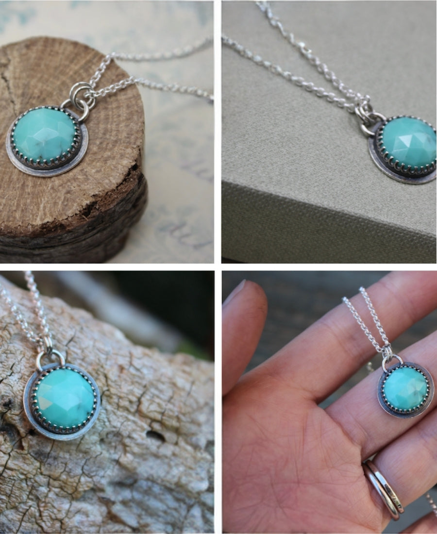 Sterling Silver Turquoise Necklace, Turquoise Round Pendant Jewelry, Turquoise Pendant