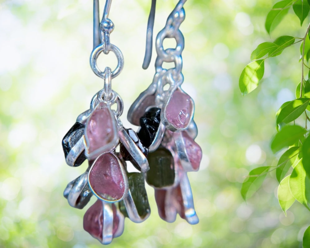 Moldavite & Pink Tourmaline Earring, 925 Sterling silver