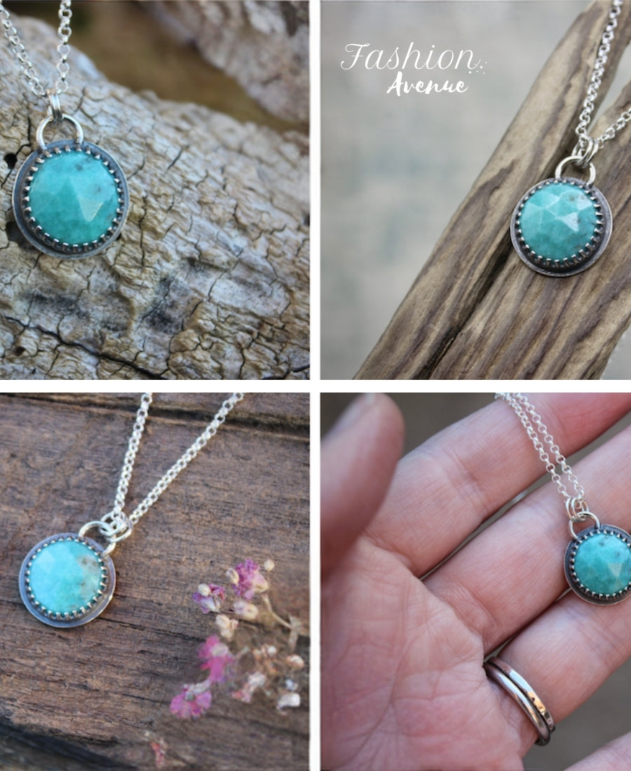 Sterling Silver Turquoise Necklace, Turquoise Round Pendant Jewelry, Turquoise Pendant