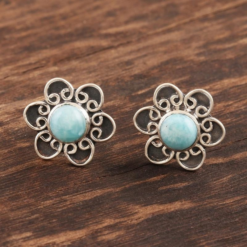 Larimar and Sterling Silver Flower Button Earrings, Natural Handmade Earrings For Wedding & Anniversary