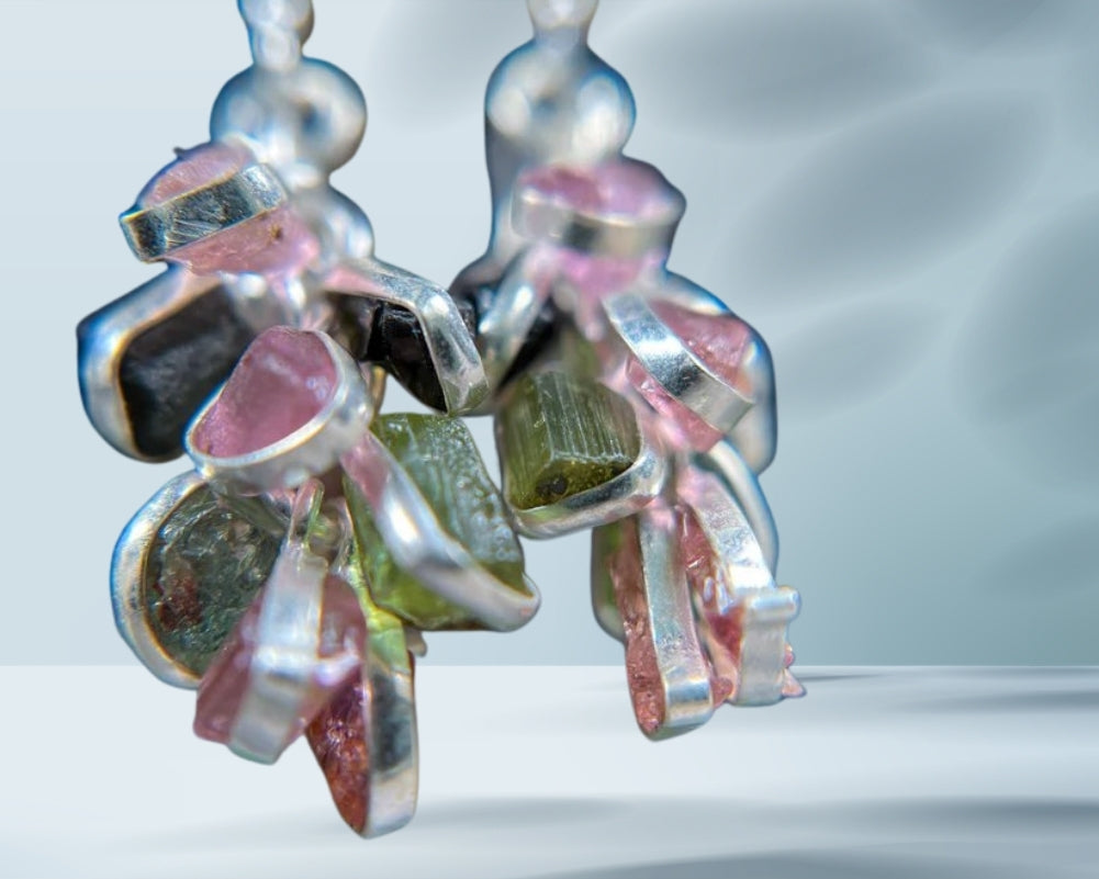 Moldavite & Pink Tourmaline Earring, 925 Sterling silver