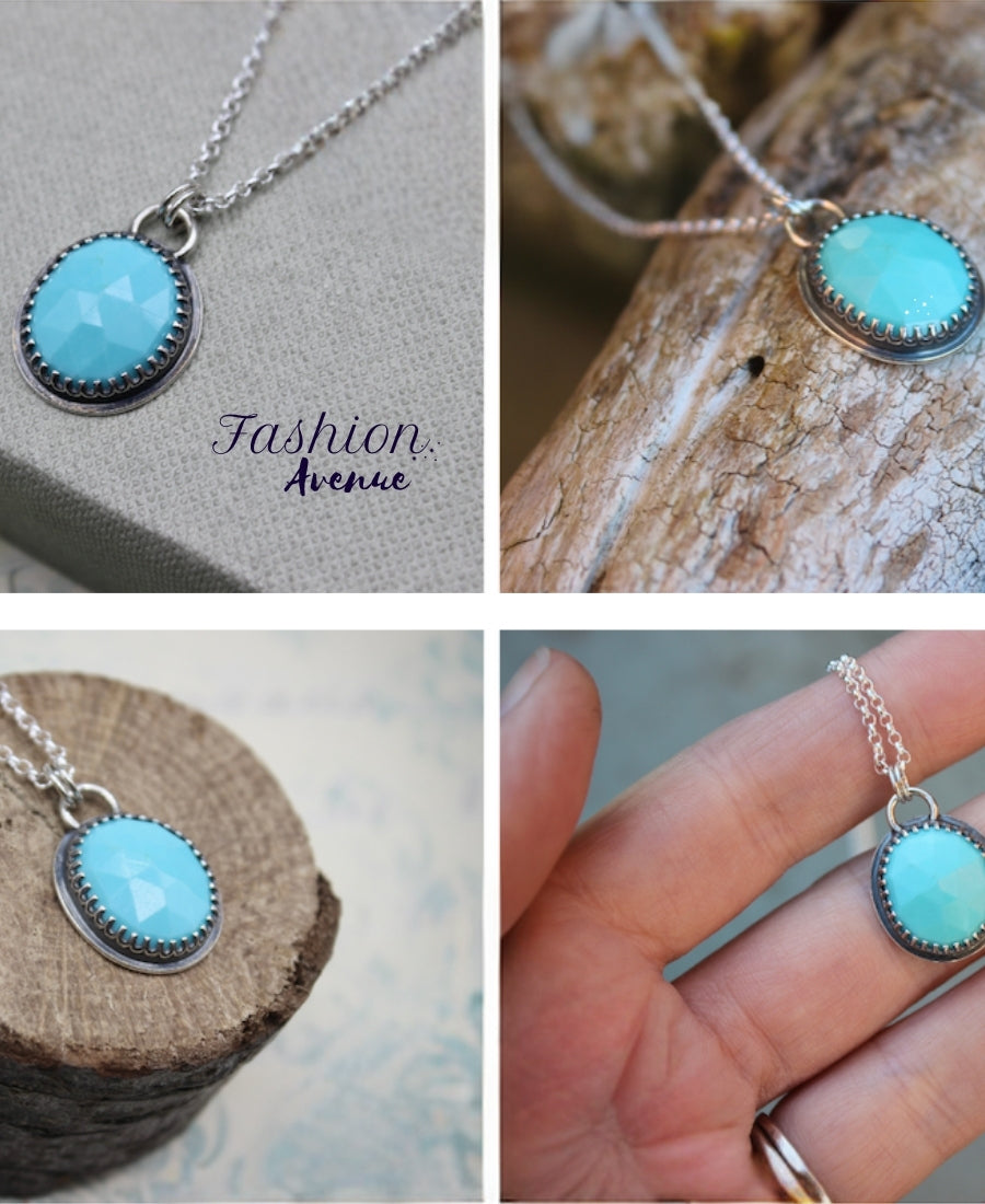 Sterling Silver Turquoise Necklace, Turquoise Round Pendant Jewelry, Turquoise Pendant