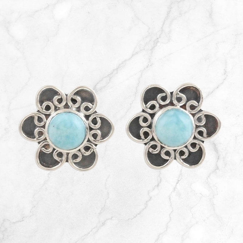 Larimar and Sterling Silver Flower Button Earrings, Natural Handmade Earrings For Wedding & Anniversary