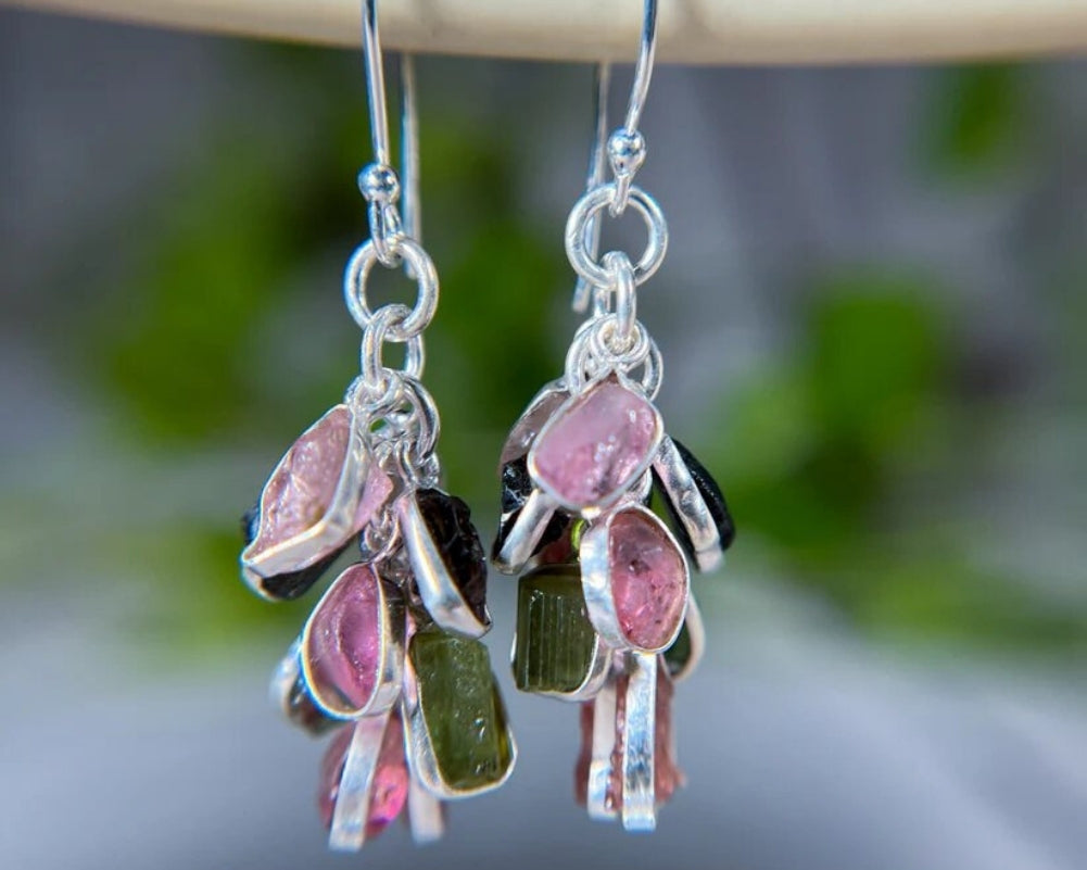 Moldavite & Pink Tourmaline Earring, 925 Sterling silver