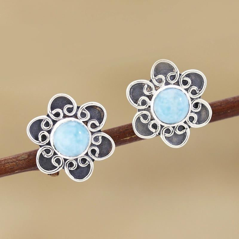 Larimar and Sterling Silver Flower Button Earrings, Natural Handmade Earrings For Wedding & Anniversary