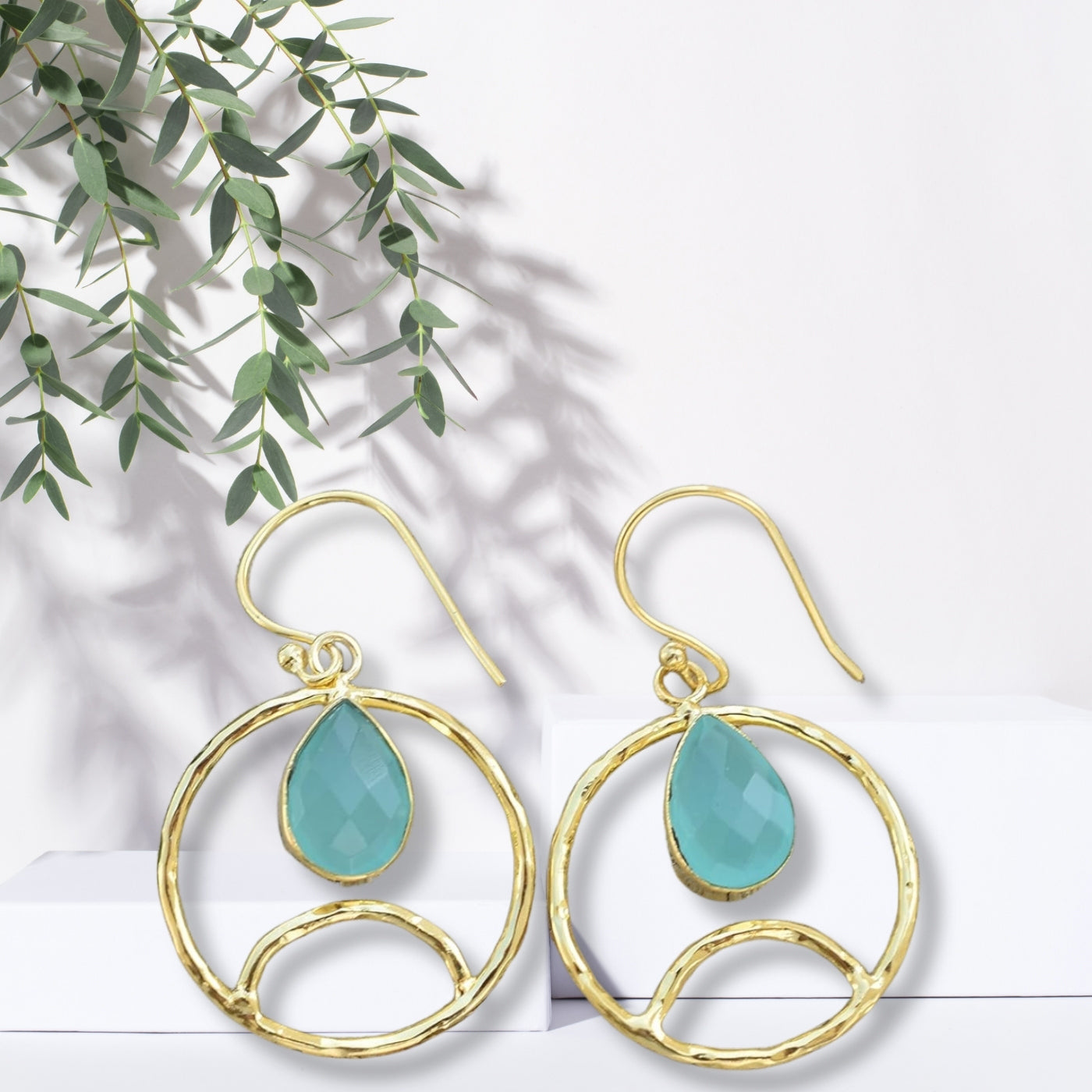 Gold Plated Blue chalcedony Earring,  Pear Shape Dangly Earrings, Contemporary Jewellery For Wedding & Jewelry