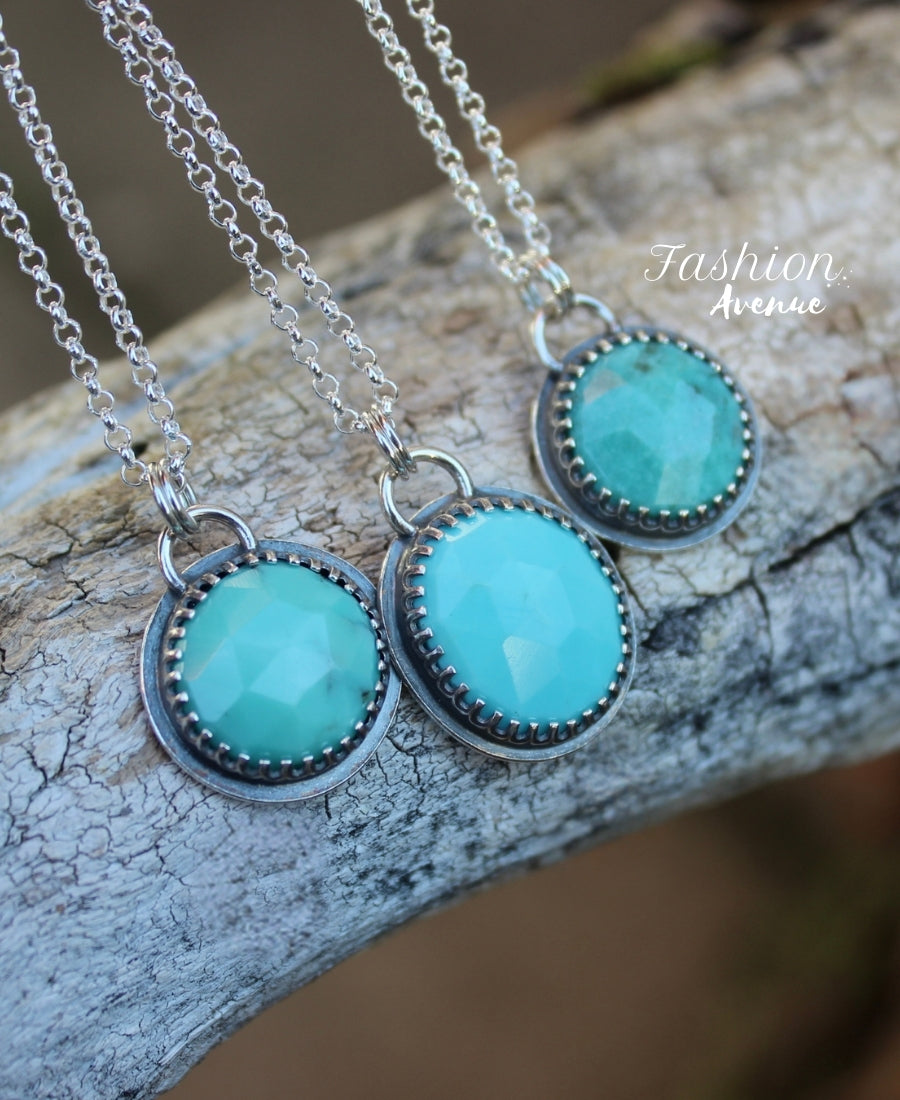 Sterling Silver Turquoise Necklace, Turquoise Round Pendant Jewelry, Turquoise Pendant