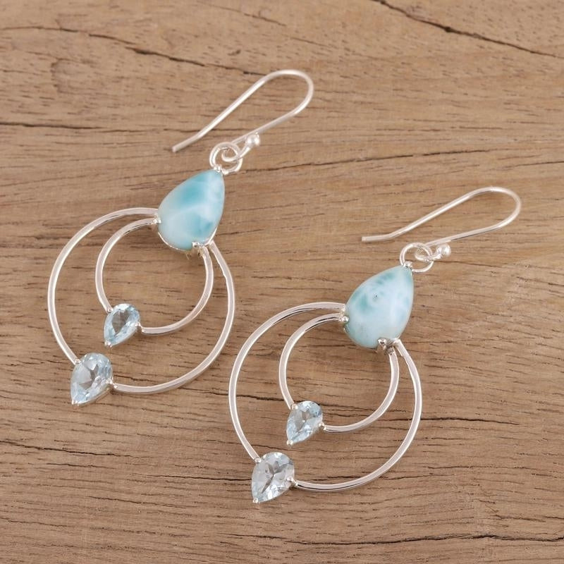 Blue Topaz and Larimar Dangle Earrings, Natural Handmade Earrings For Wedding & Anniversary