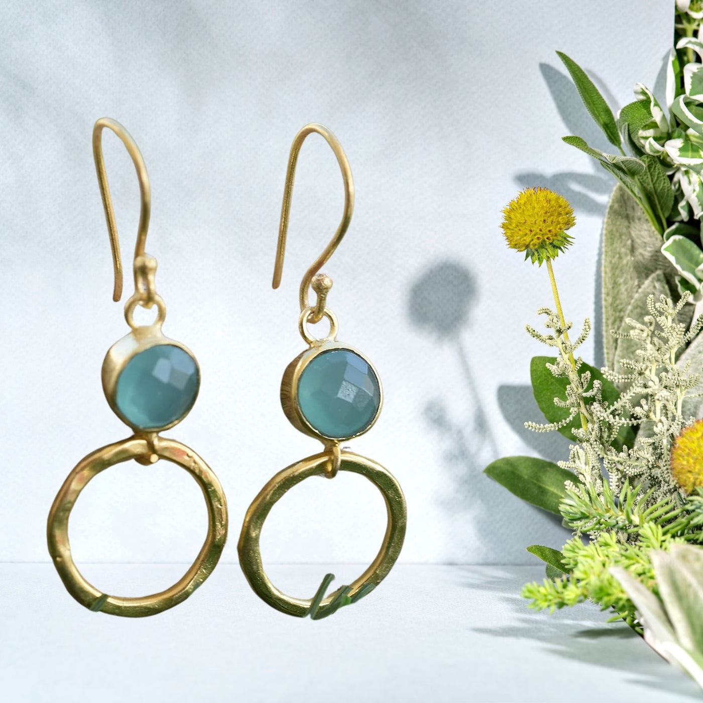 Gold Plated Blue chalcedony Earring,  Round Shape Dangly Earrings, Contemporary Jewellery For Wedding & Jewelry