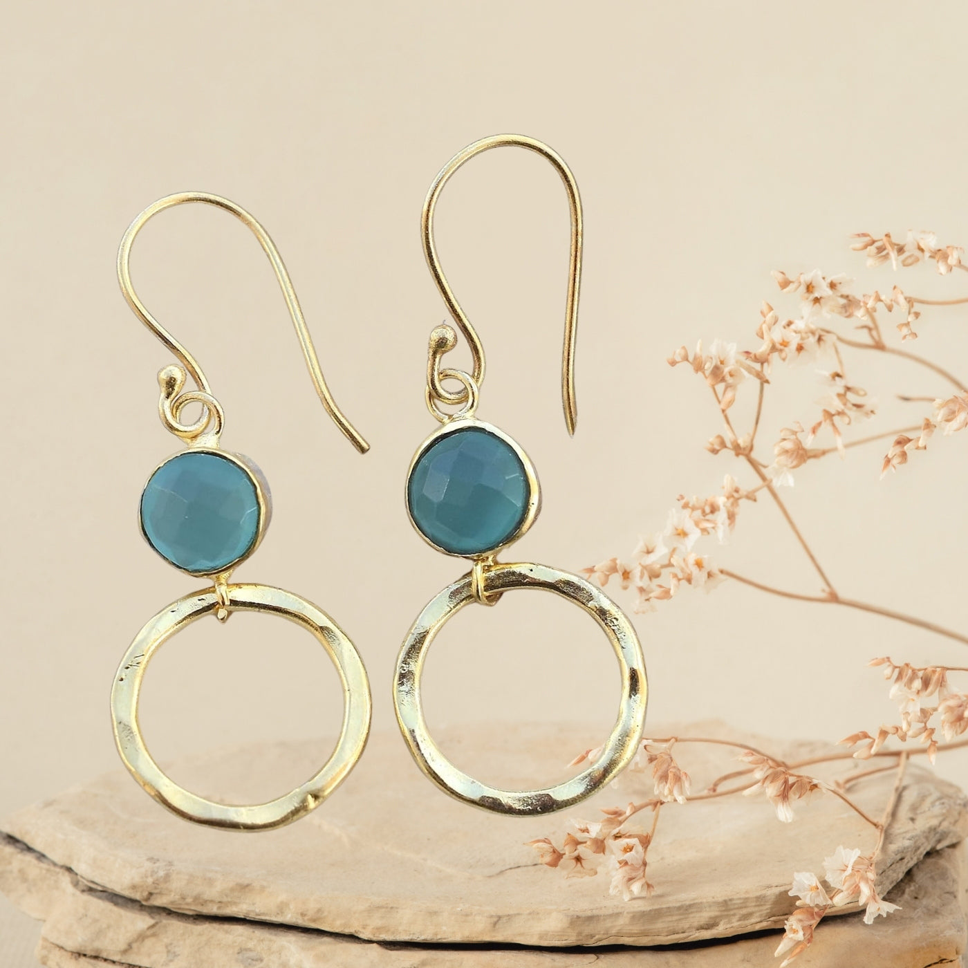 Gold Plated Blue chalcedony Earring,  Round Shape Dangly Earrings, Contemporary Jewellery For Wedding & Jewelry