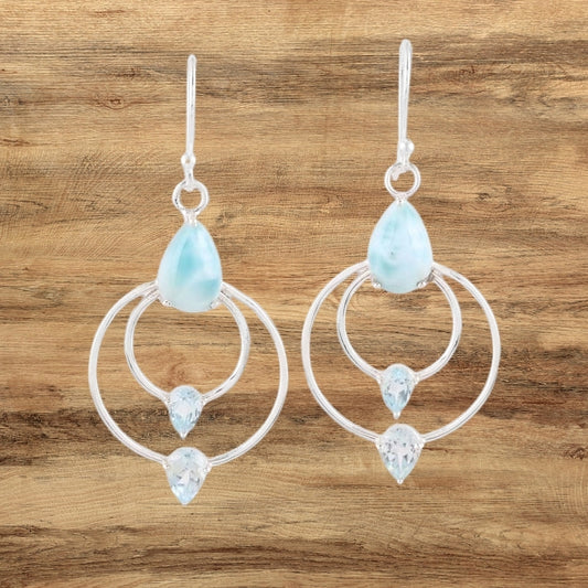 Blue Topaz and Larimar Dangle Earrings, Natural Handmade Earrings For Wedding & Anniversary