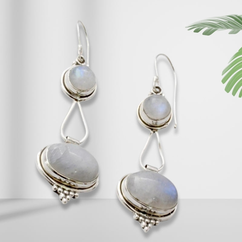 Rainbow Moonstone Earrings, Sterling Silver, Natural Handmade Dangle Earrings For Wedding & Anniversary