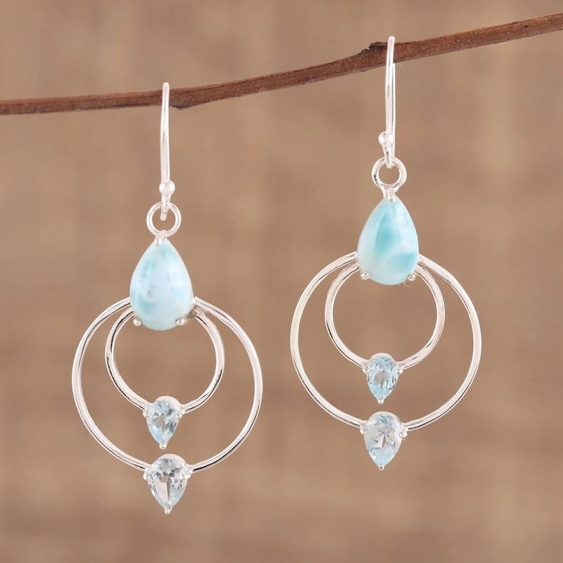 Blue Topaz and Larimar Dangle Earrings, Natural Handmade Earrings For Wedding & Anniversary