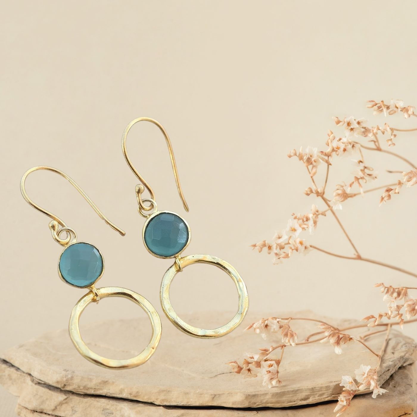 Gold Plated Blue chalcedony Earring,  Round Shape Dangly Earrings, Contemporary Jewellery For Wedding & Jewelry