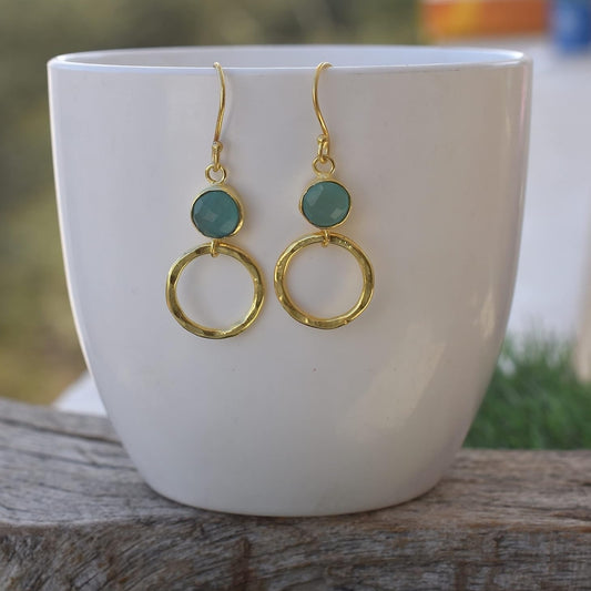 Gold Plated Blue chalcedony Earring,  Round Shape Dangly Earrings, Contemporary Jewellery For Wedding & Jewelry